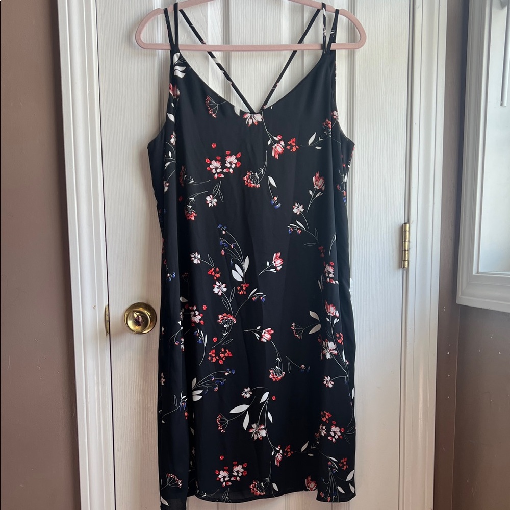 Worthington Black Floral Midi Dress with Red and White Accents